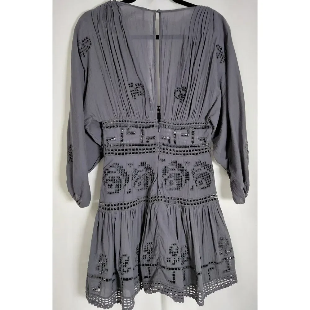 Free People Grey A-Line Short Embroidered Dress Women Size S